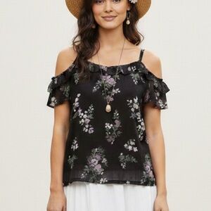 FRESHMAN Floral cold Shoulder Blouse Cottagecore Top in Black Boho Chic XSMALL